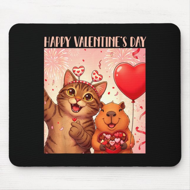 Alfombrilla De Ratón Happy Valentines 2026 Cute Cat Capybara Party Art  (Frente)