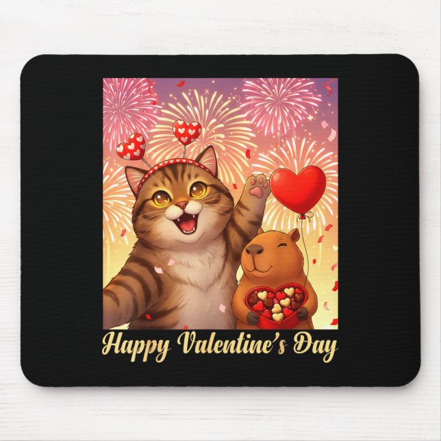Alfombrilla De Ratón Happy Valentines 2026 Cute Cat Capybara Party Art  (Frente)
