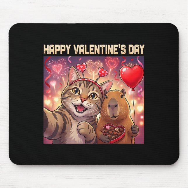 Alfombrilla De Ratón Happy Valentines 2026 Cute Cat Capybara Party Art  (Frente)