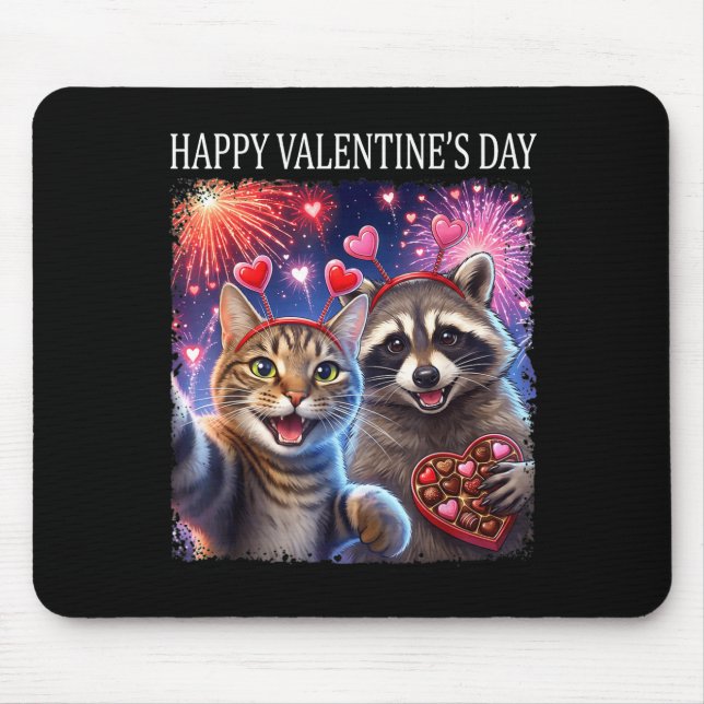Alfombrilla De Ratón Happy Valentines 2026 Cute Cat Raccoon Party Art  (Frente)