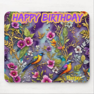 Alfombrilla De Ratón HARPER ~ Flores de pájaros ~ Saludos de cumpleaños