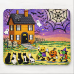 Alfombrilla De Ratón Haunted House Halloween Mousepad<br><div class="desc">Playful Halloween mousepad featuring a whimsical haunted house under a full moon with spiderwebs,  bats,  floating ghosts,  black cats,  smiling pumpkins,  and a little witch crossing a glowing autumn field. Bright orange,  purple,  and black tones give this spooky-cute design a fun festive look for seasonal desk decor.</div>