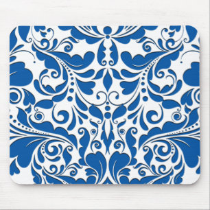 Alfombrilla De Ratón HeartyParty Blue & white Damask Heart