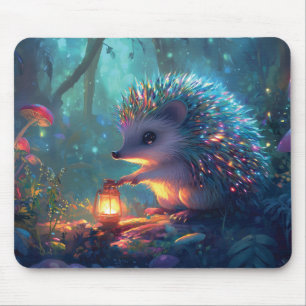 Alfombrilla De Ratón Hedgehog caprichoso y linterna en un bosque encant