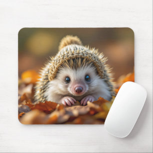 Alfombrilla De Ratón Hedgehog De Otoño Con Gorra De Punto