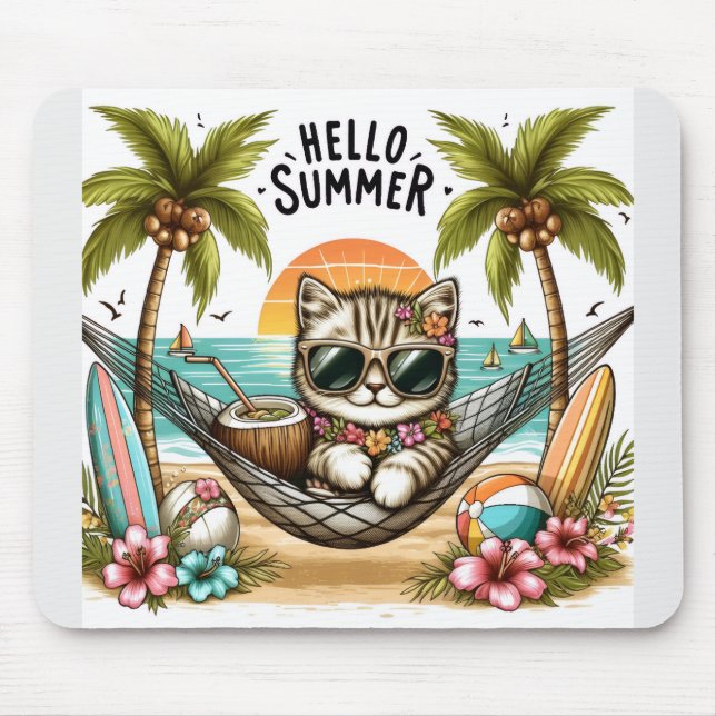 Alfombrilla De Ratón Hello Summer Beach Cat (Frente)