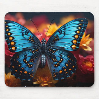 Alfombrilla De Ratón Hermosa mariposa azul y amarilla sobre flores