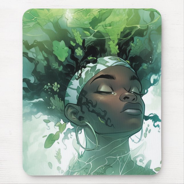 Alfombrilla De Ratón Hermosa mujer negra flotando en agua con plantas (Frente)