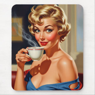 Alfombrilla De Ratón Hermosa mujer retro con una taza de café