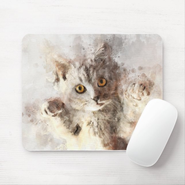 Alfombrilla De Ratón Hermosa y linda acuarela de gatito juguetón (Con ratón)