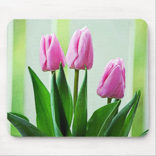 Alfombrilla De Ratón Hermosas flores de tulipán rosa primavera, hojas v