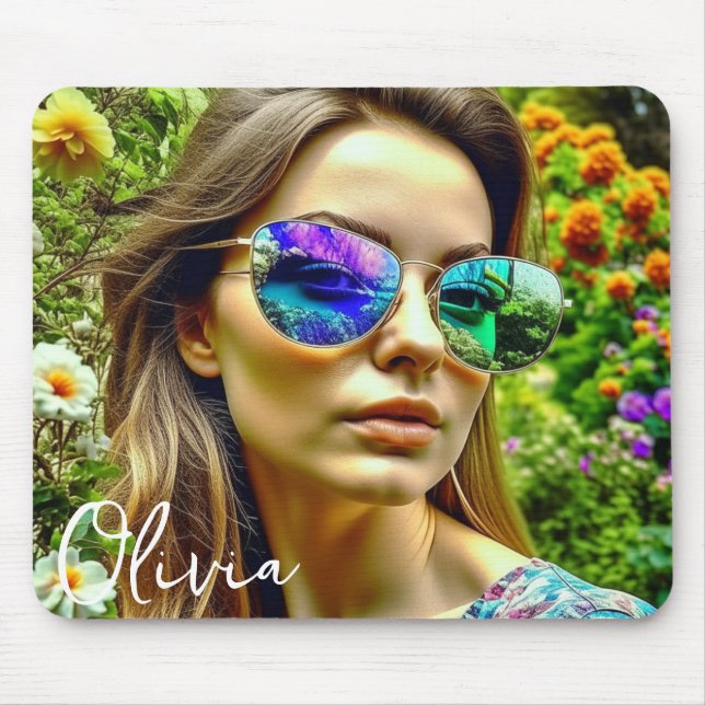 Alfombrilla De Ratón Hermoso Chica con flores reflectantes de gafas de  (Frente)