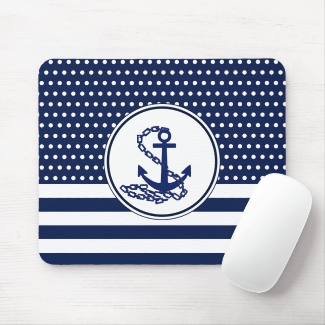 Alfombrilla De Ratón Hermoso Estilo Marítimo, Azul Y Blanco, Anchor (Con ratón)
