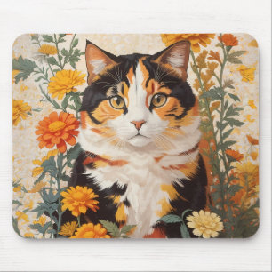 Alfombrilla De Ratón Hermoso Gato Calico Con Flores Marigold