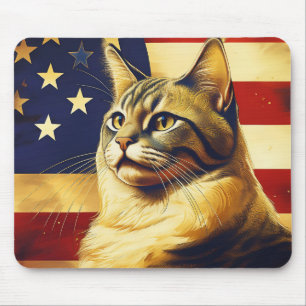 Alfombrilla De Ratón Hermoso Gato Con Antecedentes De Bandera Americana