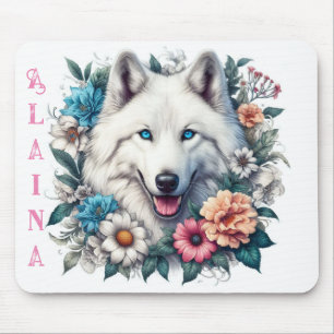 Alfombrilla De Ratón Hermoso Lobo Blanco con flores
