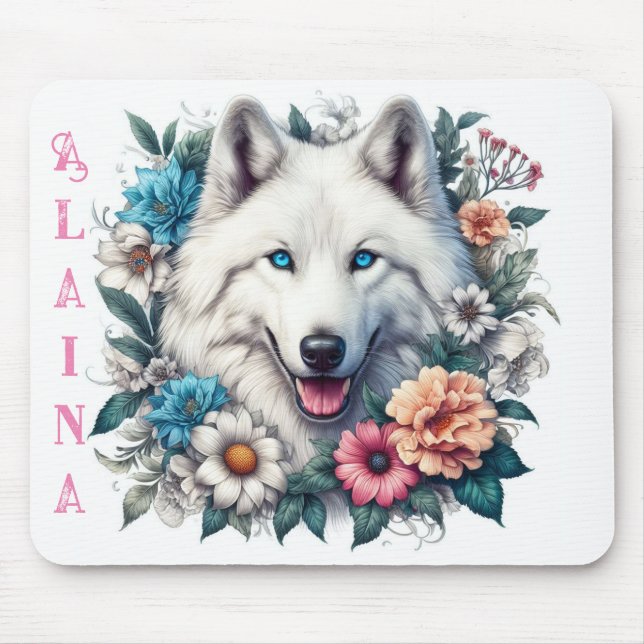 Alfombrilla De Ratón Hermoso Lobo Blanco con flores (Frente)