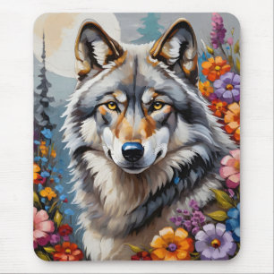 Alfombrilla De Ratón Hermoso lobo gris y flores