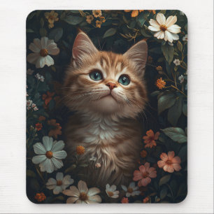 Alfombrilla De Ratón Hermoso Naranja Kitten con flores silvestres