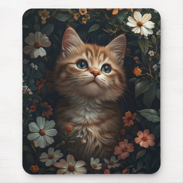 Alfombrilla De Ratón Hermoso Naranja Kitten con flores silvestres (Frente)