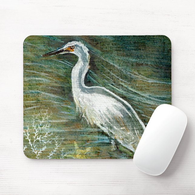 Alfombrilla De Ratón Hermoso Pajarito De Egret En El Arte Del Agua (Beautiful Egret Shorebird Wading In Water Art Mouse Pad from Jenn's Emporium.)