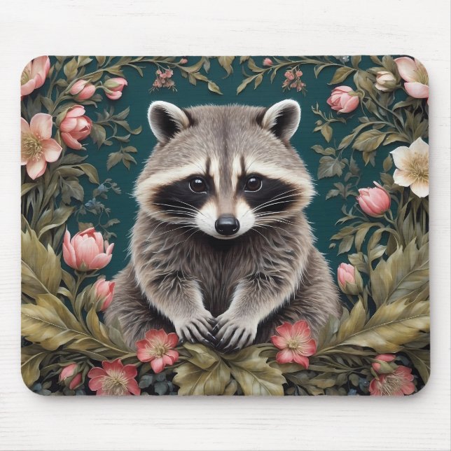 Alfombrilla De Ratón Hermoso Racoon Pink Floral (Frente)