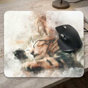 Alfombrilla De Ratón Hermoso y lindo gatito durmiendo acuarela