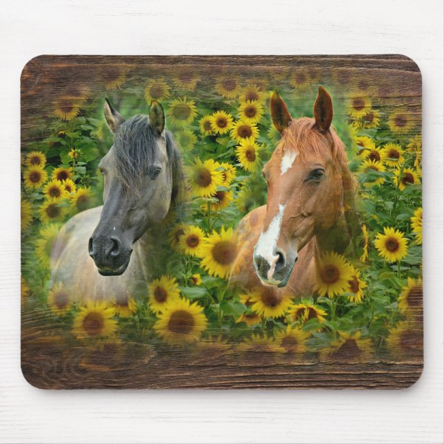 Alfombrilla De Ratón Hermosos caballos en el campo de los girasoles (Frente)