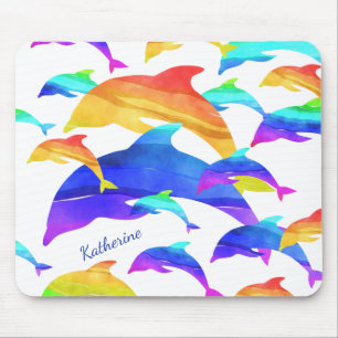 Alfombrilla De Ratón Hermosos delfines en arcoiris con nombre