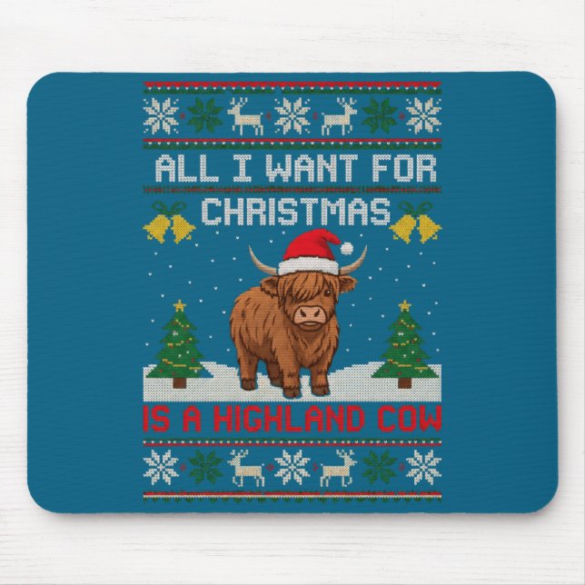Alfombrilla De Ratón Highland Cow Christmas Ugly Sweater Style Festive  (Frente)