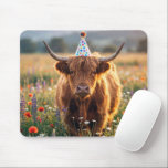 Alfombrilla De Ratón Highland Cow Wearing a Birthday Party Hat<br><div class="desc">A Scottish Highland cow wearing a colorful polka dot birthday party hat stands in a field</div>