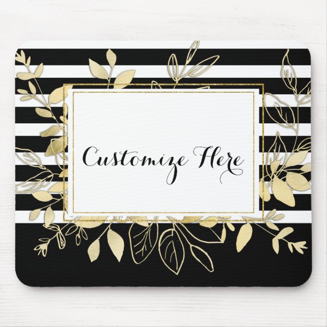 Alfombrilla De Ratón Hojas Botánicas Modernas de Oro Negro Glamour Chic (Frente)