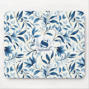 Alfombrilla De Ratón Hojas de cachemira azules elegantes: fondo blanco