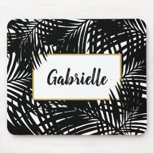 Alfombrilla De Ratón Hojas tropicales modernas en blanco y negro