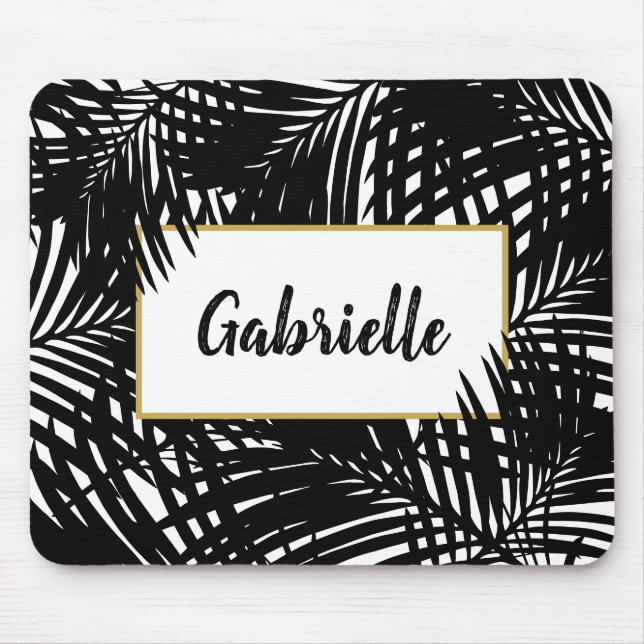 Alfombrilla De Ratón Hojas tropicales modernas en blanco y negro (Frente)