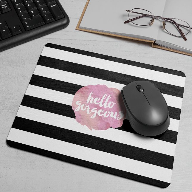 Alfombrilla De Ratón Hola Gorgeous | Banda negra y acuarela rosa (Subido por el creador)