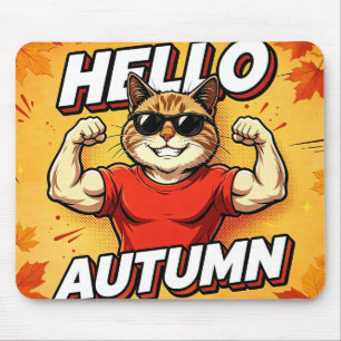 Alfombrilla De Ratón Hola Otoño Gato Musculoso Divertido Ratón de la Te