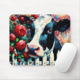 Alfombrilla De Ratón Holstein Cow Picket Fence Red Roses Black Red