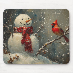 Alfombrilla De Ratón Hombre de nieve y pintura al aceite del cardenal