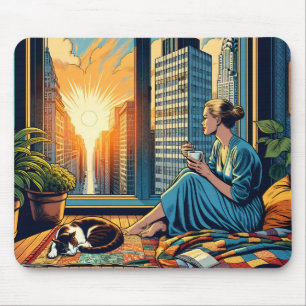 Alfombrilla De Ratón Hora de la mañana en la ciudad   La mujer reflexio