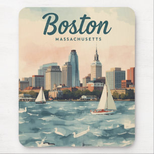 Alfombrilla De Ratón Horizonte de Boston Retro & Velero   Massachusetts