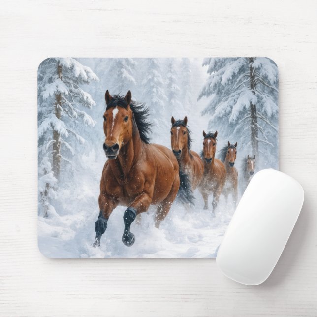 Alfombrilla De Ratón Horses Running Through a Snowy Forest (Con ratón)