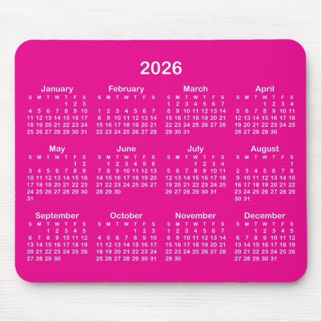 Alfombrilla De Ratón Hot Pink and White 2026 Calendar (Frente)