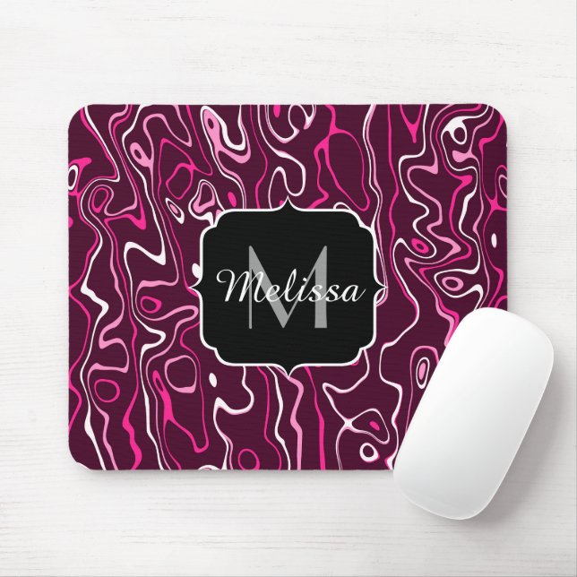 Alfombrilla De Ratón Hot pink damascus abstract swirls Custom Monogram (Con ratón)