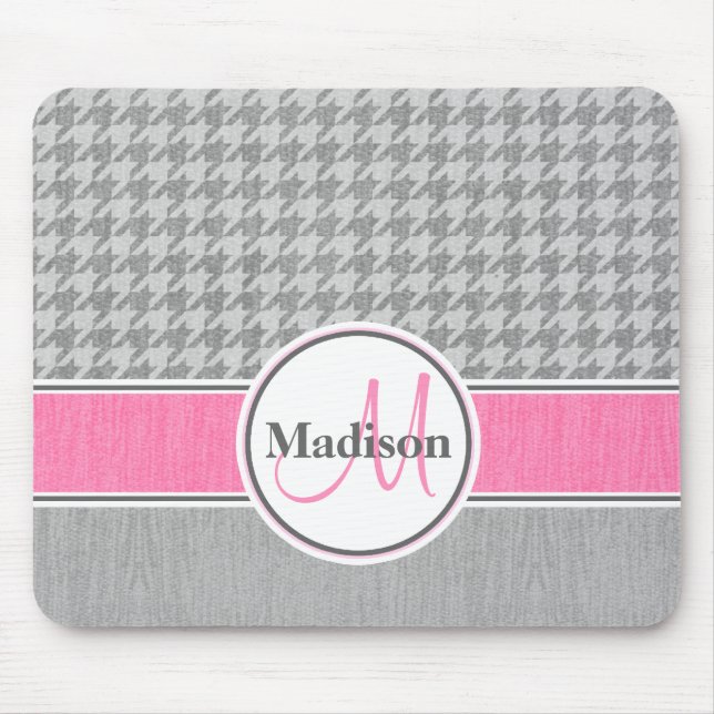 Alfombrilla De Ratón Houndstoth Gray Pink monogramado (Frente)
