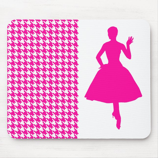 Alfombrilla De Ratón Houndstoth rosa moderno con Silhouette de moda (Frente)