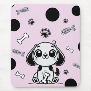 Alfombrilla De Ratón Huesos de pez rosa y negro Cachorro perro lindo Of