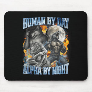 Alfombrilla De Ratón Humano de día, alfa de noche, lobo alfa divertido 