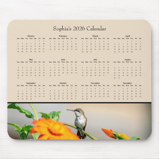 Alfombrilla De Ratón Hummingbird on an Orange Flower – 2026 Calendar (Frente)