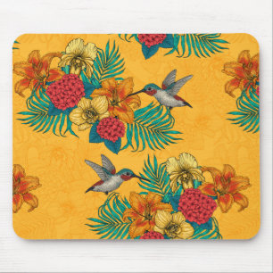 Alfombrilla De Ratón Hummingbirds y el ramo tropical amarillo